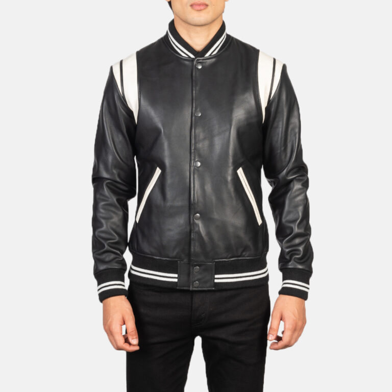 Mens Dantee Black Leather Varsity Jacket Close Front-5-1634137312117